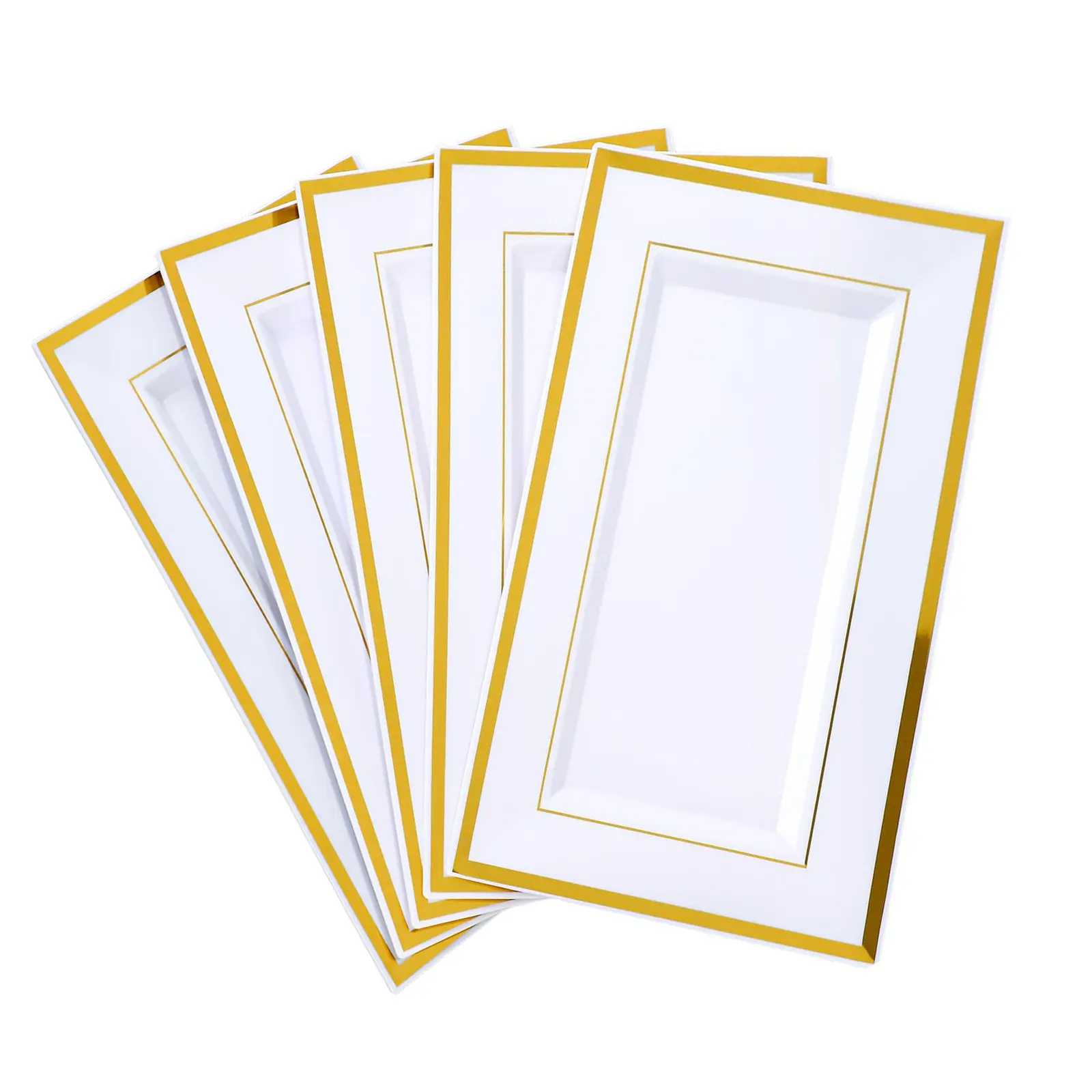 Summer Wins 12Pcs 14''x9''Plastic Serving Tray with Gold Rim Rectangle Dessert Tray Disposable Cookie Cupcake Platters for Birthday Party Wedding