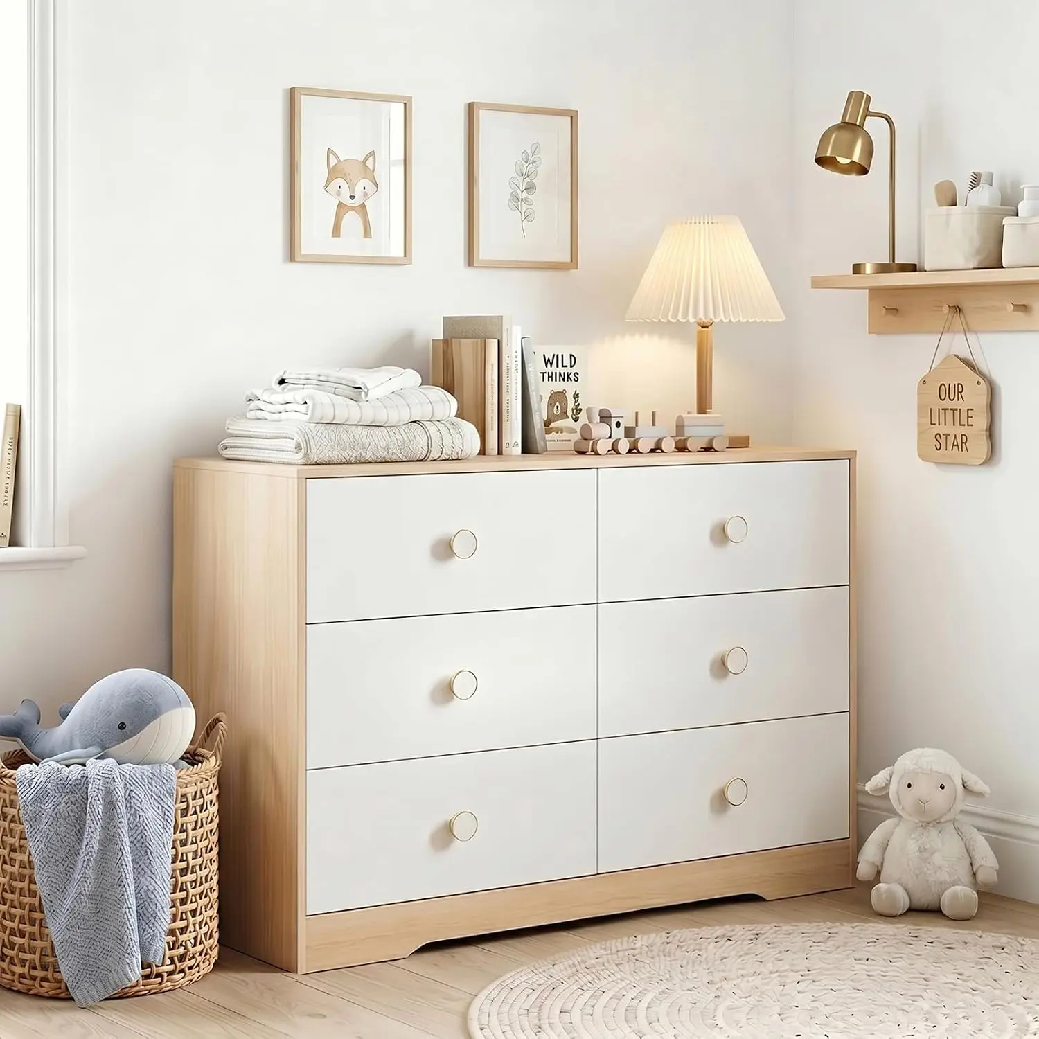 White Dresser for Bedroom, Wood Baby Dresser for Nursery, 6 Drawer Dressers with Sturdy Base, Modern Closet Dresser for Clothes and Baby Essentials
