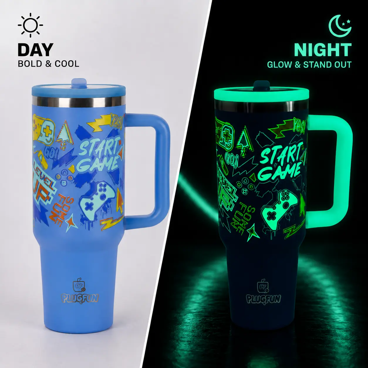 PLUGFUN 40oz Modern Desk Lightup Glow in the Dark Portable Stainless Steel Vacuum Insulated Flask, Ergonomic Handle Eases Long Sipping, Leakproof Straw Drinkware, Car Cup Holder Friendly, Back to School Gift for Gamers
