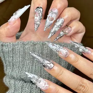 AngieNails – Mystical White Press On Nails, Silver Enigmatic Patterns, Artistic with High Quality, Goth, Gothic,Y2K Inspired Nail Art