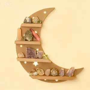 Illuminated Crystal Wall Shelf with LED Lights - 15.7 Inch Display Shelf for Decorative Stones - Moon and Stars Themed Organizer for Witchy Altar Trinkets - Reusable Rock Display Case with Modern Design