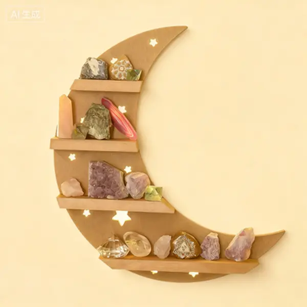 Illuminated Crystal Wall Shelf with LED Lights - 15.7in Mountable Wood Shelf, Moon & Stars Themed Organizer for Witchy Altar Trinkets, Decorative Stone Display Case with Modern Design, Shelves