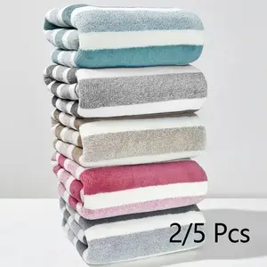 Striped Pattern Bath Towel Sets, Premium Bath Towels, 2/5 Counts/set Soft Absorbent Microfiber Blanket Towel, Quick Drying Towel for Bathroom, Hotel, Salon, Spa, Gym, Home Goods