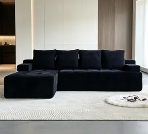 Black Chenille Modern L-Shaped Sectional Sofa - Reversible Lounge Chaise, Side Pockets, Wireless Charging Device, 2 USB Ports, 1 Cup Holder, Bluetooth Speaker, Living Room Indoor Furniture