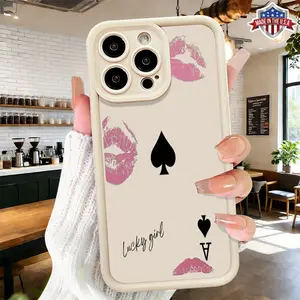 Trendy Lip Print Spade Card Pattern Aesthetic Case for iPhone 17 16 15 14 Pro Max 13 12 11 XR XS Plus Air Slim Lightweight Shockproof Anti Drop Protective Durable TPU Cover
