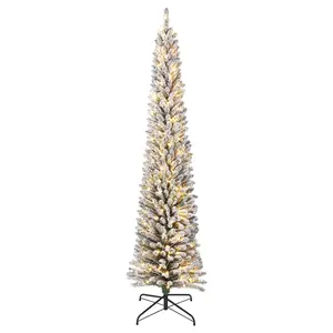 7.5ft Pre-Lit Snow Flocked Artificial Christmas Tree with 250 Warm White LED Lights, Pencil Slim Design for Small Spaces, Home Office Holiday Decor