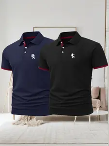 Men's Regular Fit Lion Print Polo Shirt Set, Casual Design Short Sleeve Collared Top for Summer, Fashion Men's Clothes for Daily Wear