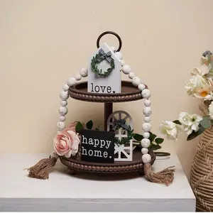 Beaded 2 Tiered Tray, Wooden Farmhouse Decoration, 3pcs Tiered Tray Decor Signs & 1pc Wood Bead Garland for Home Country Rustic Coffee Table Decor (Dark Brown)