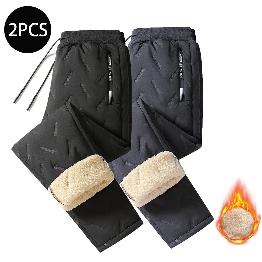 Men's Thick Fleece-Lined Winter Pants, Simple Straight-Leg Menswear Trousers with a Mid Waist, Elastic Waistband and Zipper Pockets, Casual Comfy Elastic, Straight Trousers, Outfits, Polyester Weave, Drawstring, Elastic Drawcord