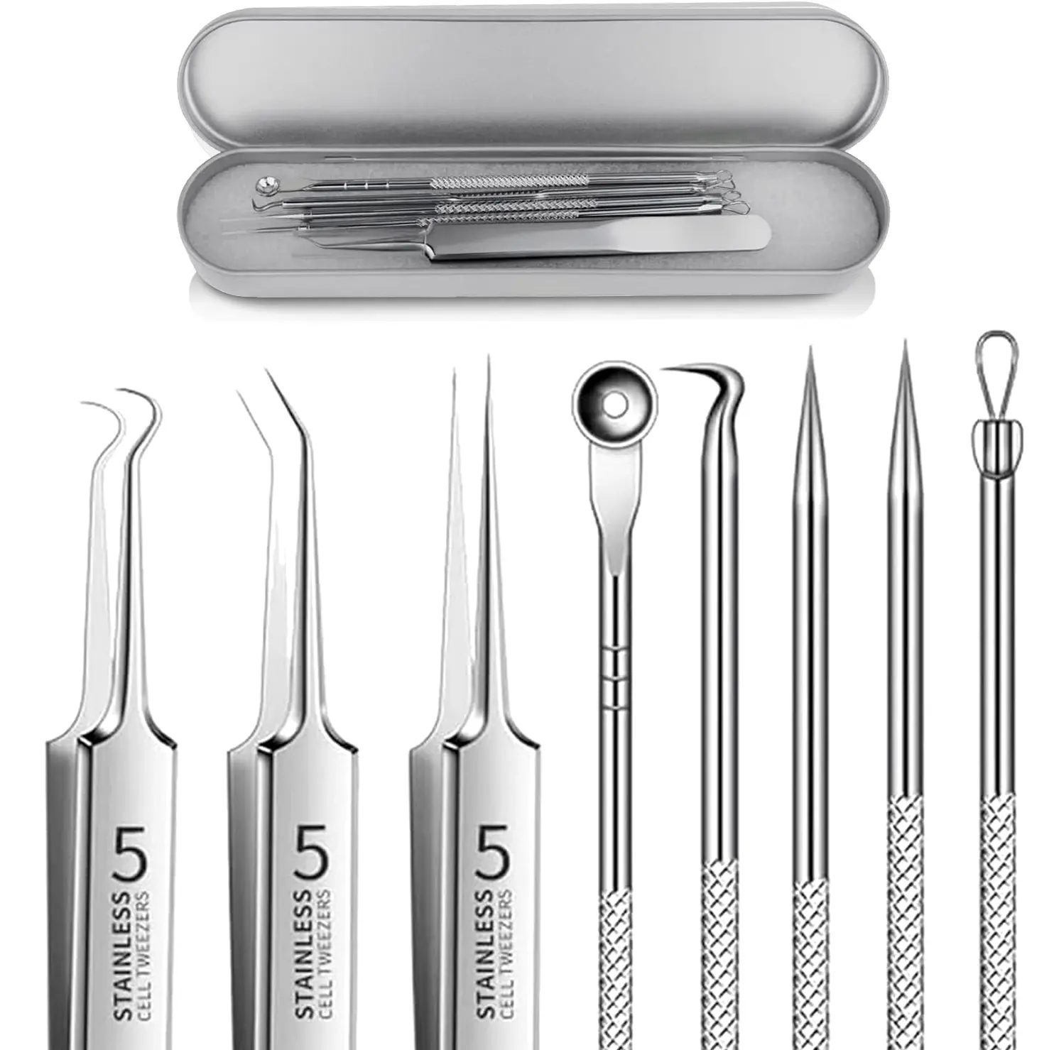 8PCS Professional Facial Beauty Tool Set, Stainless Steel Precision Skincare Accessories with Protective Case for Home & Travel