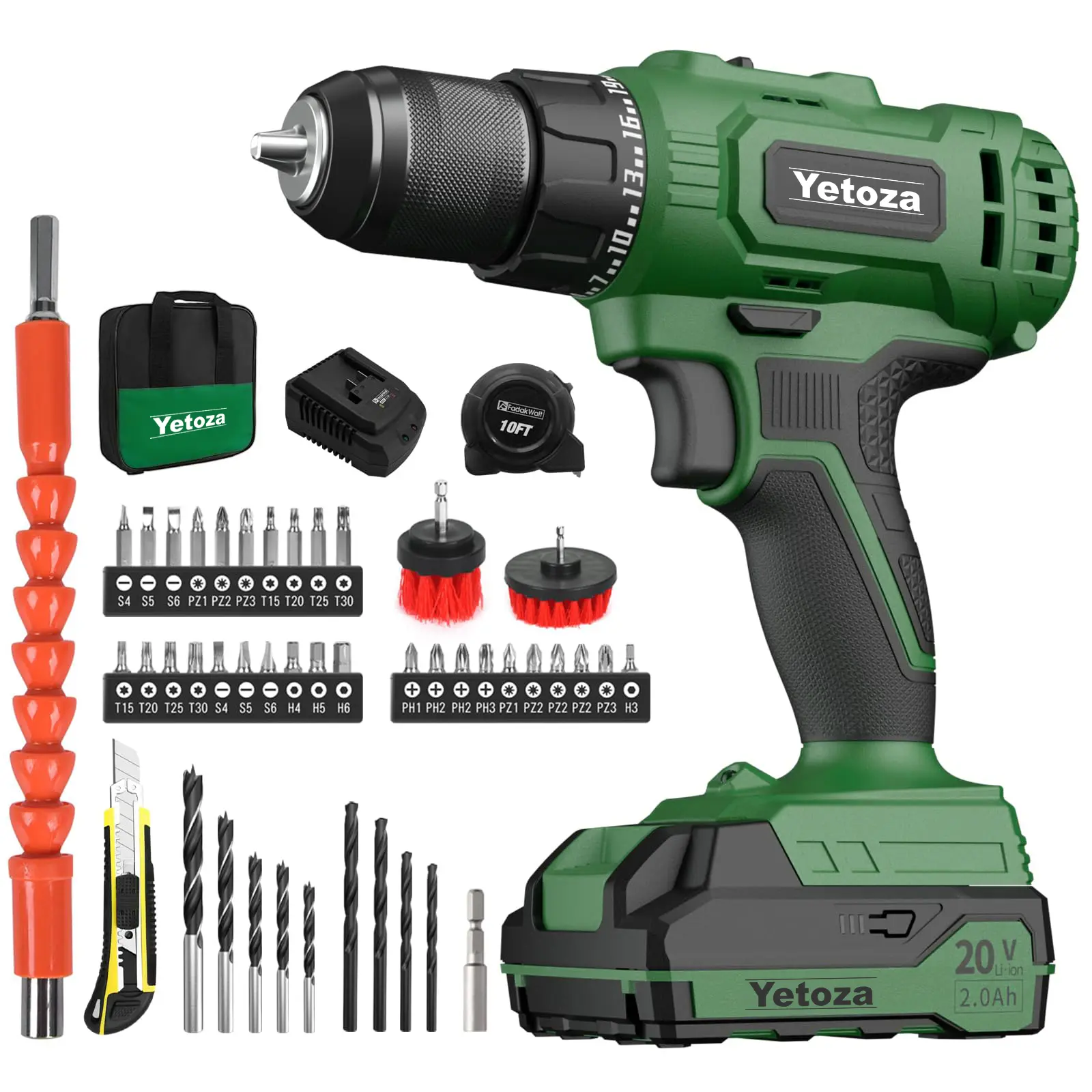 PULITUO 20V Cordless Drill Driver - 45Nm High Torque Rechargeable Tool, 2-Speed, 43pcs Bits, Storage Bag, for Daily DIY Tasks, Shelf Installation, Cordless Tools
