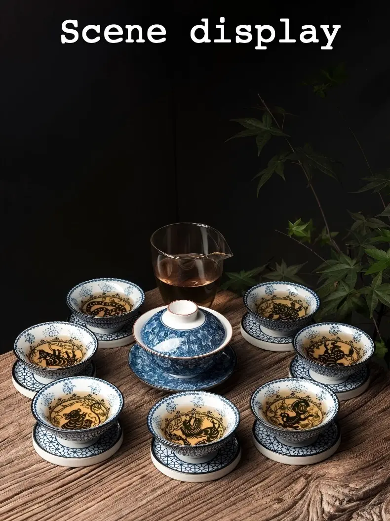#Handmade 70ml Lightweight Traditional Classic Blue & White Underglaze Porcelain Teacup - 12 Chinese Zodiac Sign Rat Design, with Graduations, Floral Accents, Kitchen Drinkware for Gongfu Tea Ceremony Collectors