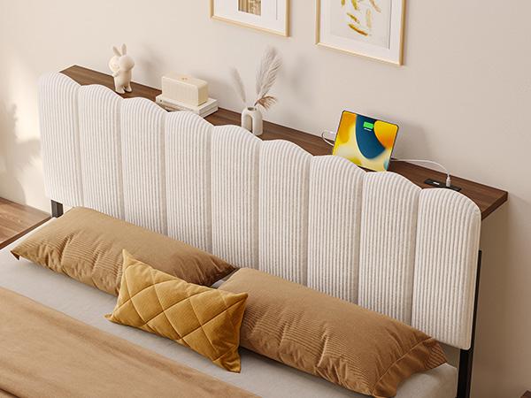 Pinmoco Upholstered Headboard with Storage Shelf, Type-C and USB Charging Station, Modern Beige Striped Velvet【Headboard Only】