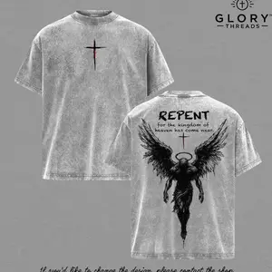 Repent Vintage Washed Oversized Christian T-Shirt, Angel Wings Faith Graphic Tee, “Kingdom of Heaven Has Come Near” Gospel Streetwear Top, Heavy Cotton Unisex Retro Worship Shirt U8N, Apparel, Shortsleeve