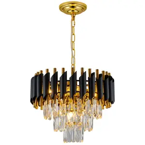 Modern Black And Gold Round Crystal Chandelier, 4 Lights, Diameter 15 Inches, Adjustable Height