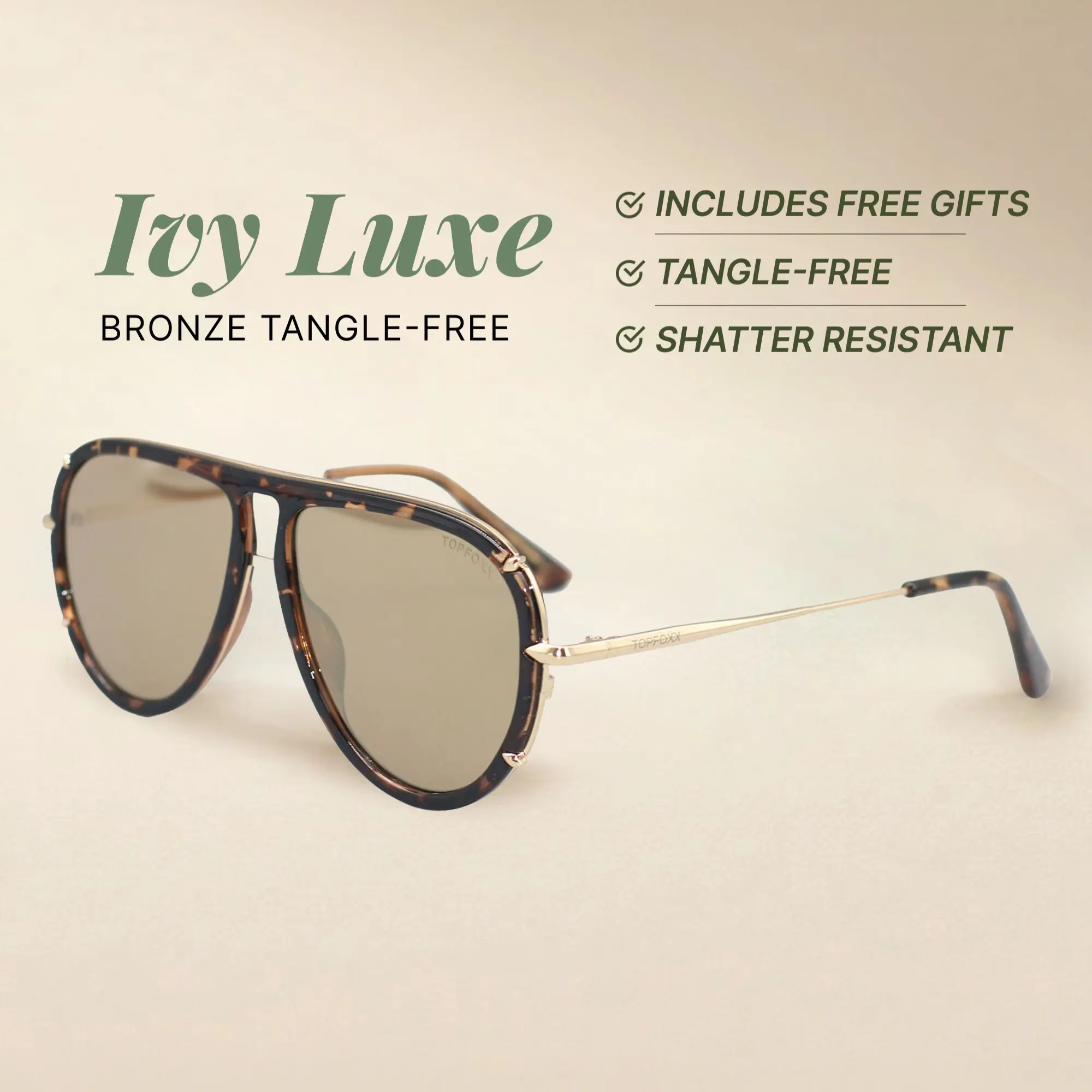 Ivy Luxe - Bronze - Tangle Free Aviator Sunglasses - Certified Shatter-Resistant Lenses - UV400 - For Women & Men