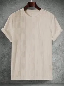 1PC Men's White Textured T-Shirt, Premium Waffle Knit Short Sleeve Tee, Minimalist Old Money Style Breathable Top for Casual Daily Wear