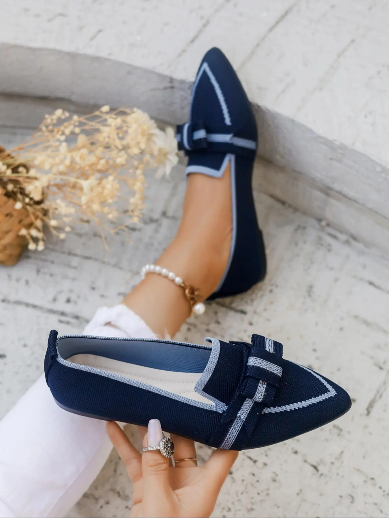 Women's Ballet Flats with Adjustable Strap, Comfortable Slip-On Mary Jane Shoes, Knit Casual Footwear for Daily Wear, Casual Trendy Flat, Breathable Flats