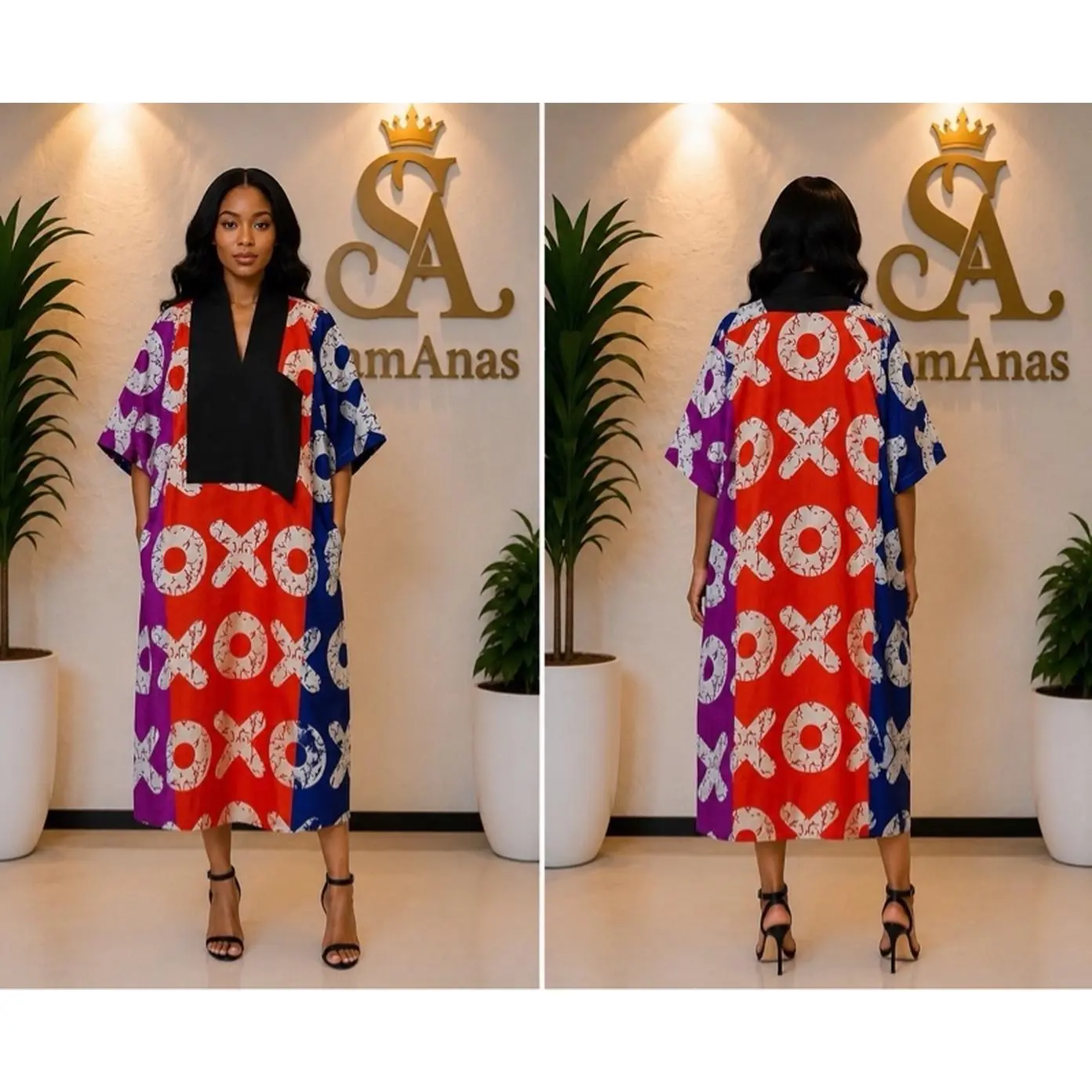 SamNas Venture African Print Kaftan Dress Midi V-Neck Wide Short Sleeves Relaxed Fit with Hidden Pockets for Church Weddings Parties