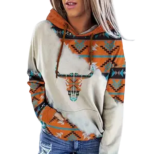 Women's Boho Western Aztec Bull Skull Hooded Sweatshirt - Long Sleeve Drawstring Hoodie with Tribal Geometric Print, Retro Cowgirl Style Loose Fit Pullover with Kangaroo Pocket, Street Fashion & Outdoor Casual Wear