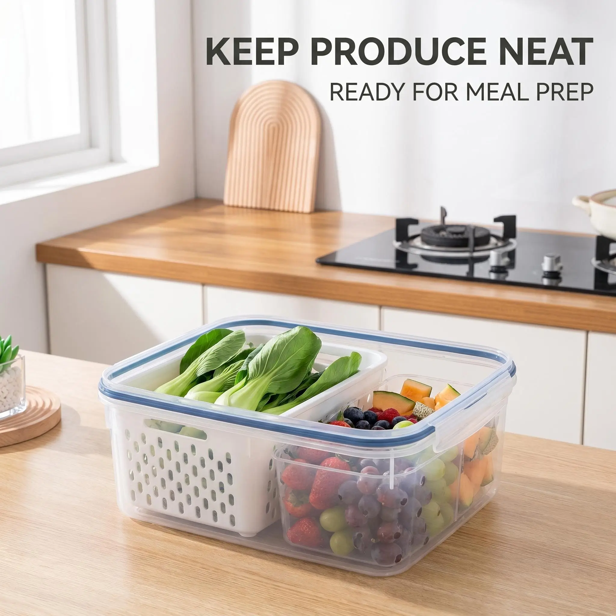 Large Refrigerator Storage Container, Clear Fridge Organizer Bin, Stackable Food Storage Tray for Fruits, Vegetables & Kitchen Pantry Organization