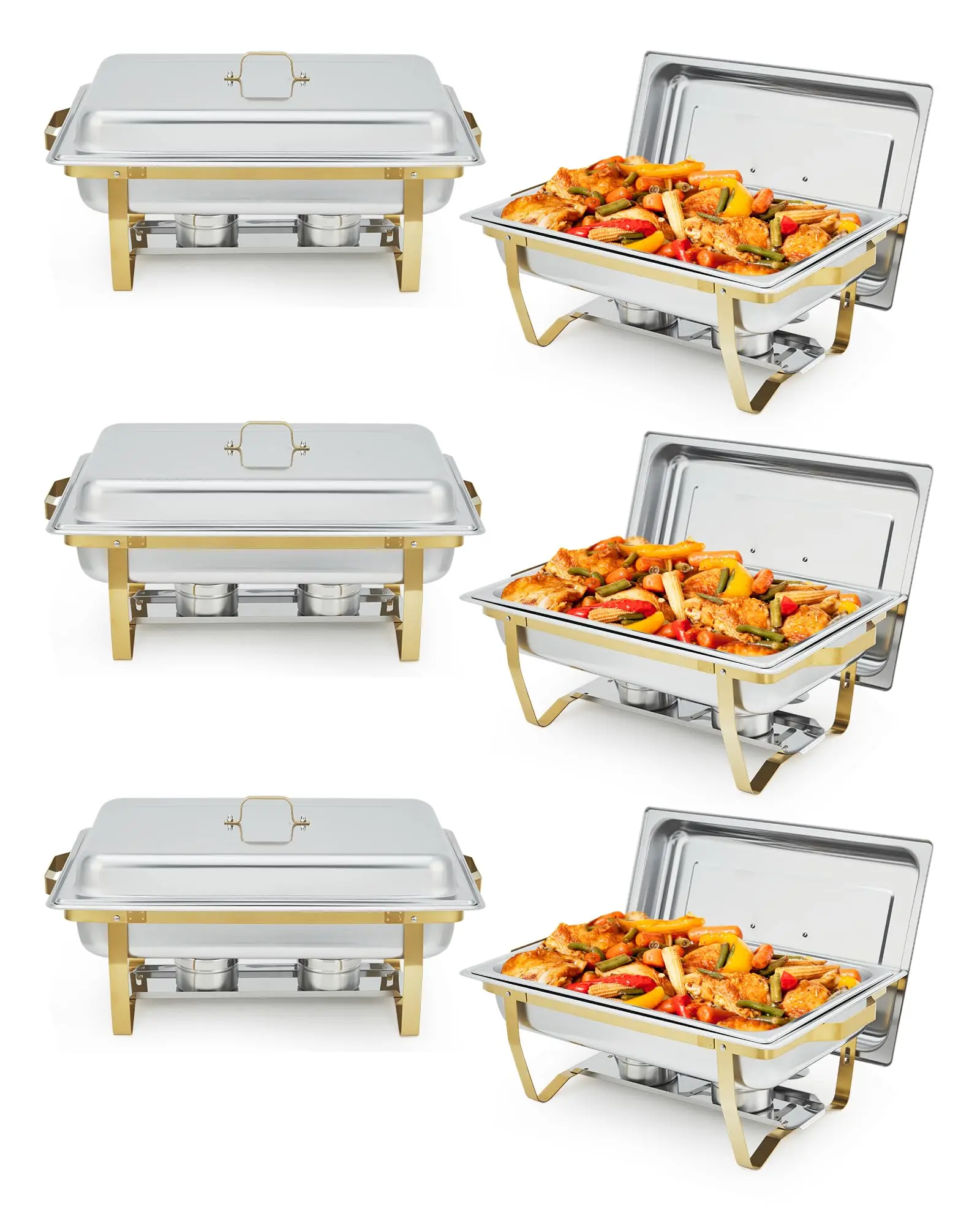 GARVEE 6 Pack 8QT Rectangular Stainless Steel Buffet Chafing Dish Set with Lids and Foldable Frames, Food Warmers for Catering, Weddings, Parties, and Events in Elegant Gold Finish