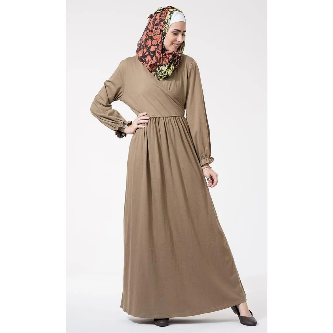 Wrap around and ruffled edged seeves detail abaya dress