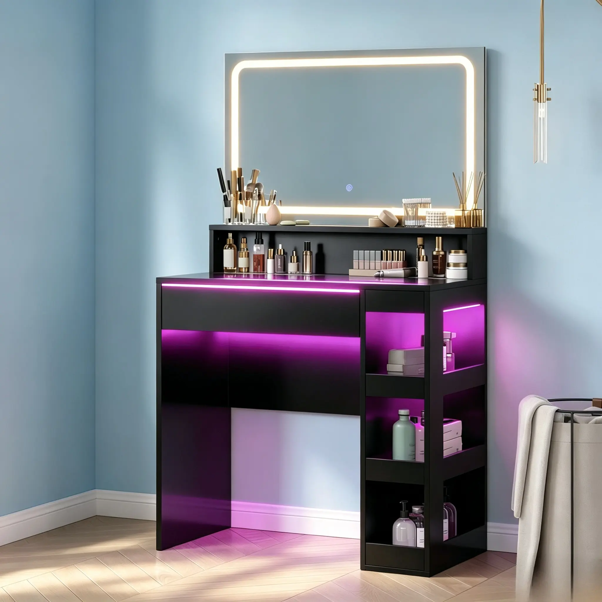 Vanity Desk with LED Mirror, Modern Bedroom Makeup Vanity, Tempered Glass Tabletop, Bright Adjustable Lighting, Spacious Storage Shelves, Convenient Power Outlet