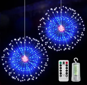 4th of July Decorations Firework Lights - 2 Pack 360 LED Patriotic Lights Battery Operated with 8 Modes Timer Remote, Waterproof Starburst Light for Independence Day Memorial Day, Red White Blue
