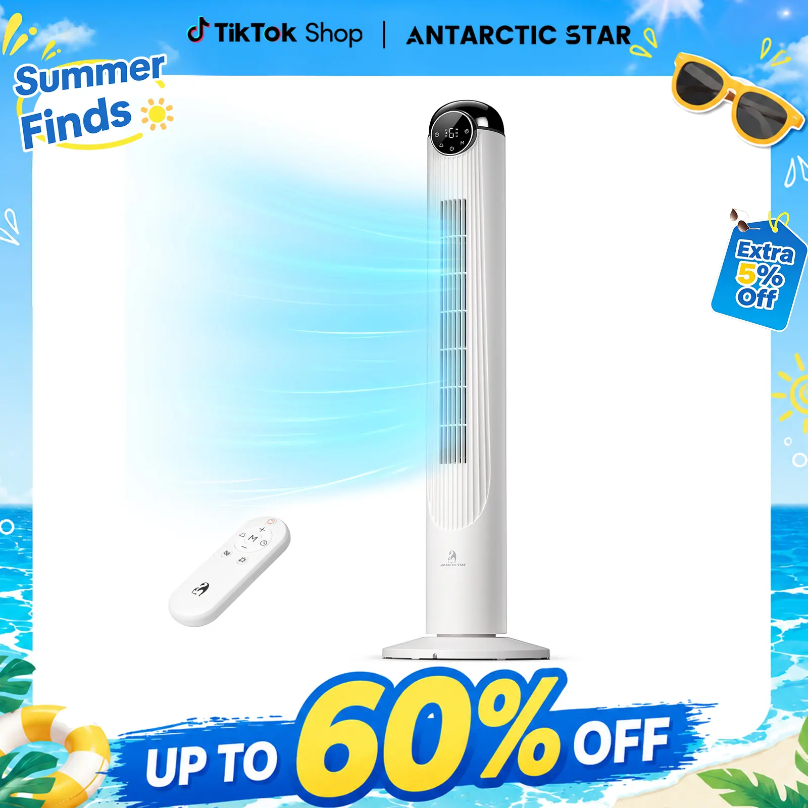 Antarctic Star T42 Tower Fan for Bedroom, 2026 Upgraded DC Motor, 26ft/s High Velocity, 22dB Ultra Quiet Standing Fan, 6 Speeds 4 Modes, 90° Oscillating Bladeless Fan with 9H Timer, Floor Fans with Remote, White