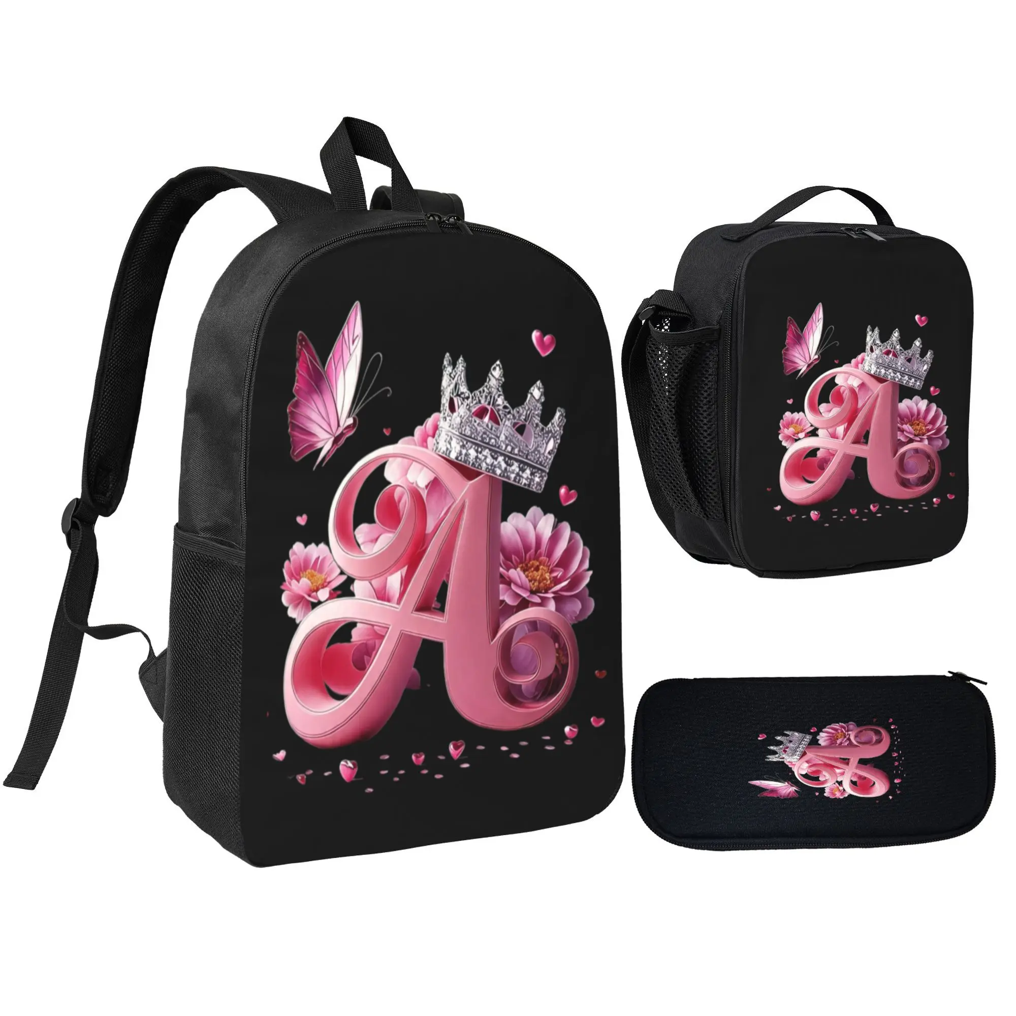 Initial A Pattern Backpack Set for Girls, 3-Piece Cottagecore Floral Student Backpack with Lunch Bag, Water-Resistant Polyester, Christmas Presents, School Style Backpack