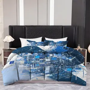 Abstract Geometric Blue Quilt Set, 3-Piece Printed Quilt with Pillowcases, Soft Cozy Lightweight Comforter, Modern Bedding Set, Modern Bedroom Decor