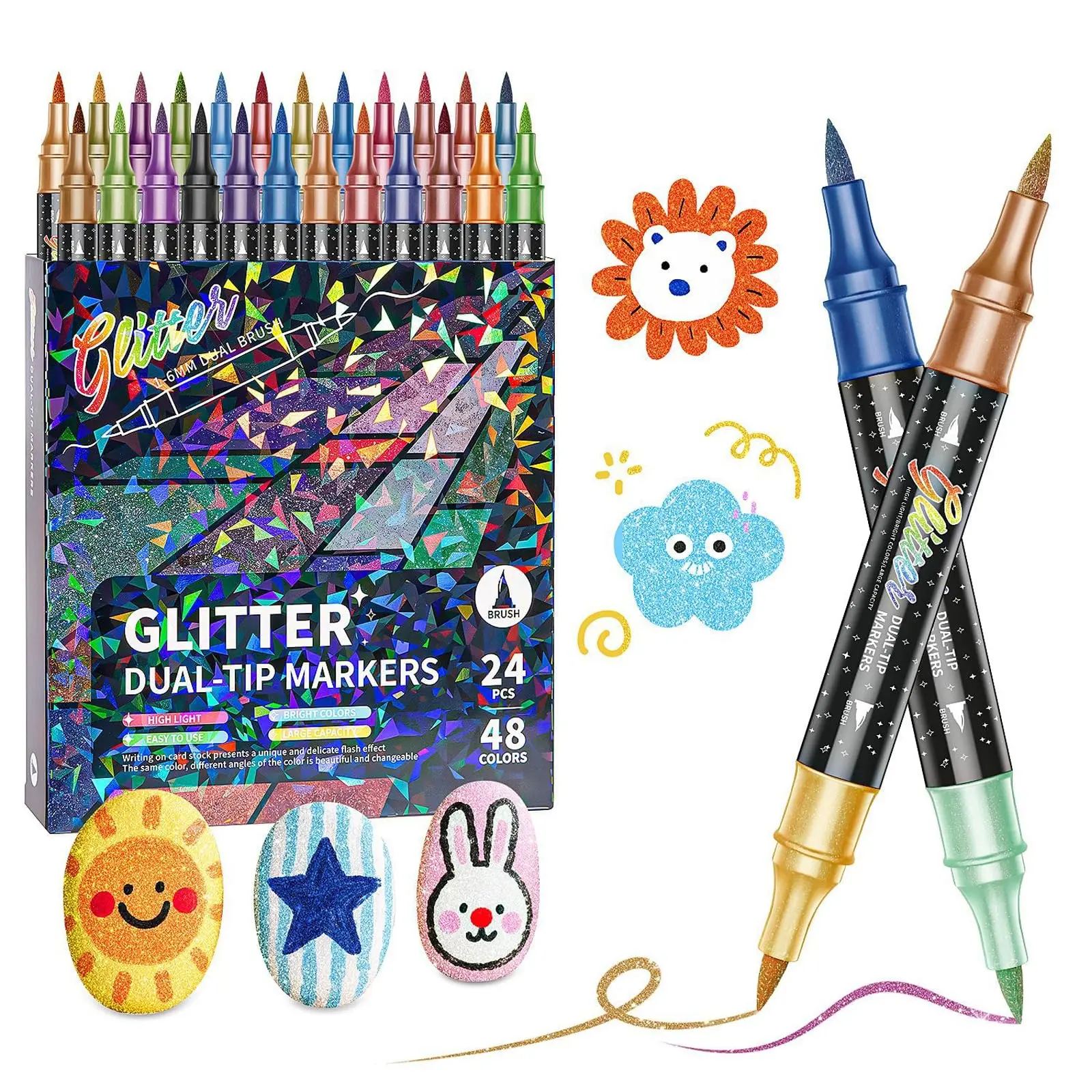 24PCS/48Colors Glitter Effect Brush Markers, Dual Tip & Dual Color Glitter Gel Pens Set, Quick-drying Metallic Sparkle Markers Pen for Cards, DIY Crafts, Doodle, Writing, Coloring