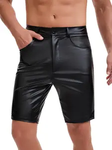 Mens Shiny Soft Leather Half Pants Sexy Stretch Belted Shorts Pockets Straight Leg Short Streetwear Zipper Crotchless
