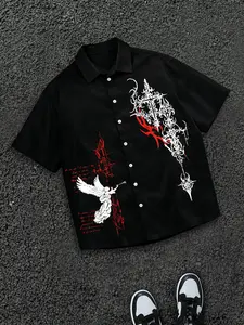 Men's Casual Loose Black Button Up Shirt Cyber Goth Angel Cross Graphic Print, Harajuku Streetwear Opium Style Short Sleeve Top for Summer Party Outfits, Casual Button Collared
