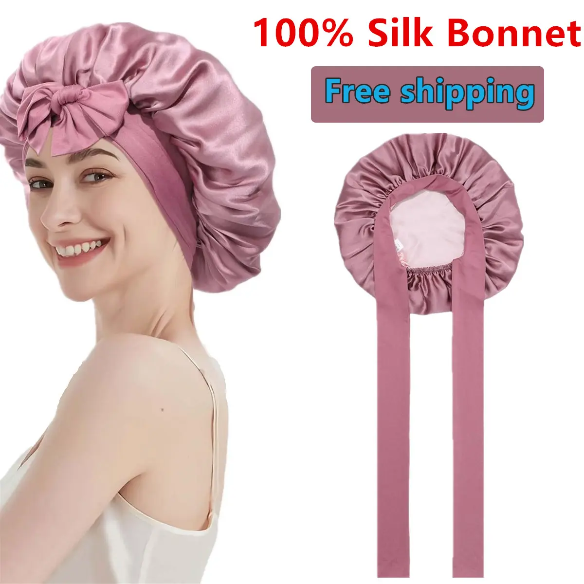 100% Mulberry Silk Bonnet for Sleeping Women Double Layer Hair Bonnet Natural Silk Sleep Cap with Elastic Tie Band Reversible Hair Bonnets for Hair Nightcap Gifts for Female