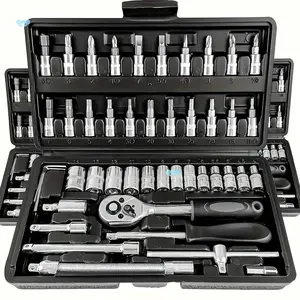 46Pcs Tool Set, Car Repair Machinery Tools, Household Machinery Tools, Car and Bicycle Repair Tools, 1/2 * 1/4 "3/8" Drive Depth and Standard Socket, Ratchet Torque Wrench Screwdriver Socket Combination Tool,Gift for Dad