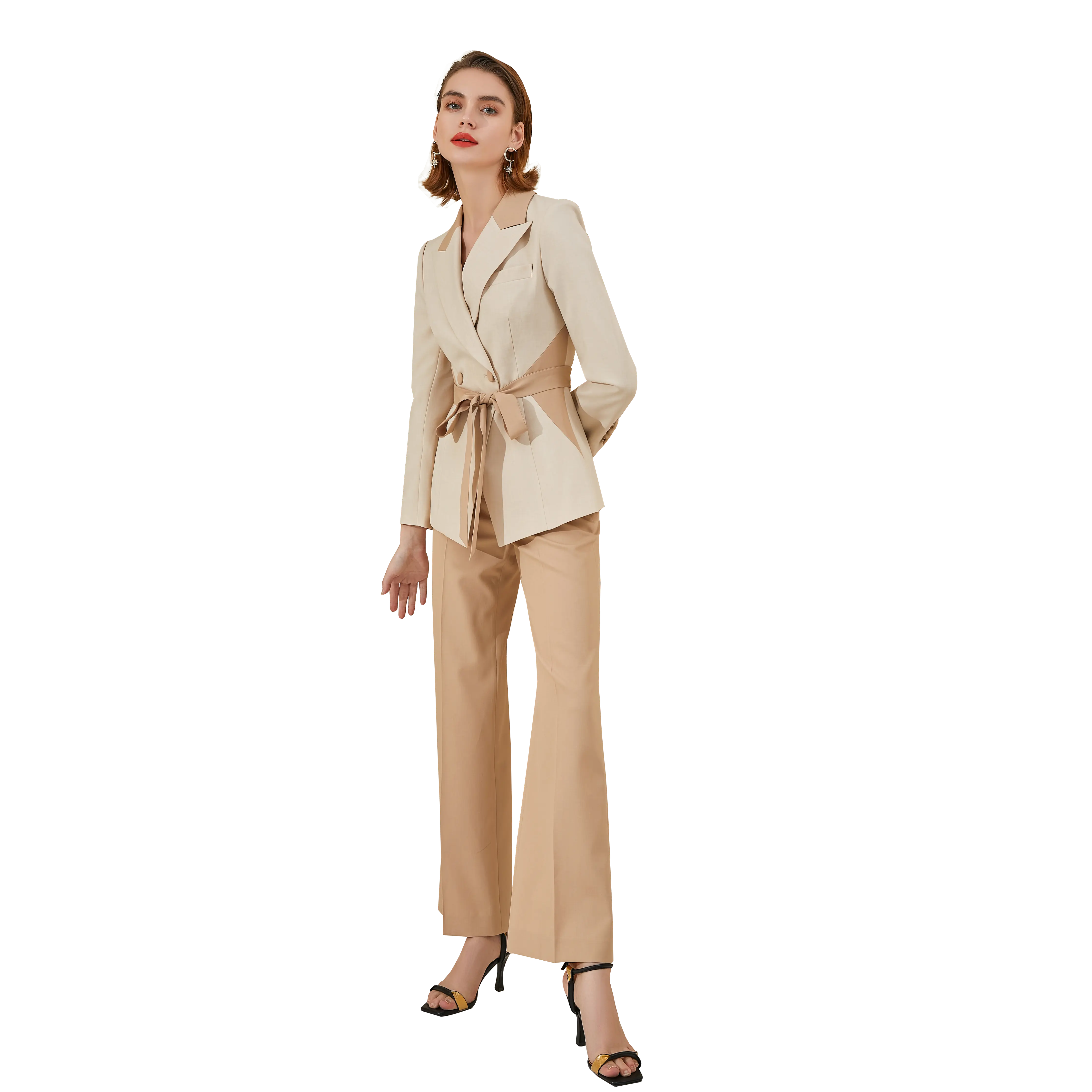 Beige Monochromic Front Tie Wide Leg Pantsuit