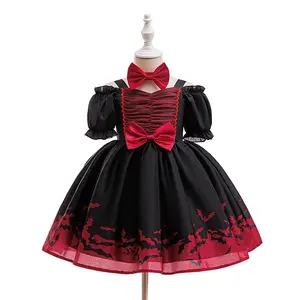 Black Red Ball Gown Kids Clothes with Headband Bow Halloween Dress Children Cosplay Costume Fancy Carnival Pumpkin Witch Vampire Party Holiday Princess Frock 3-8Y