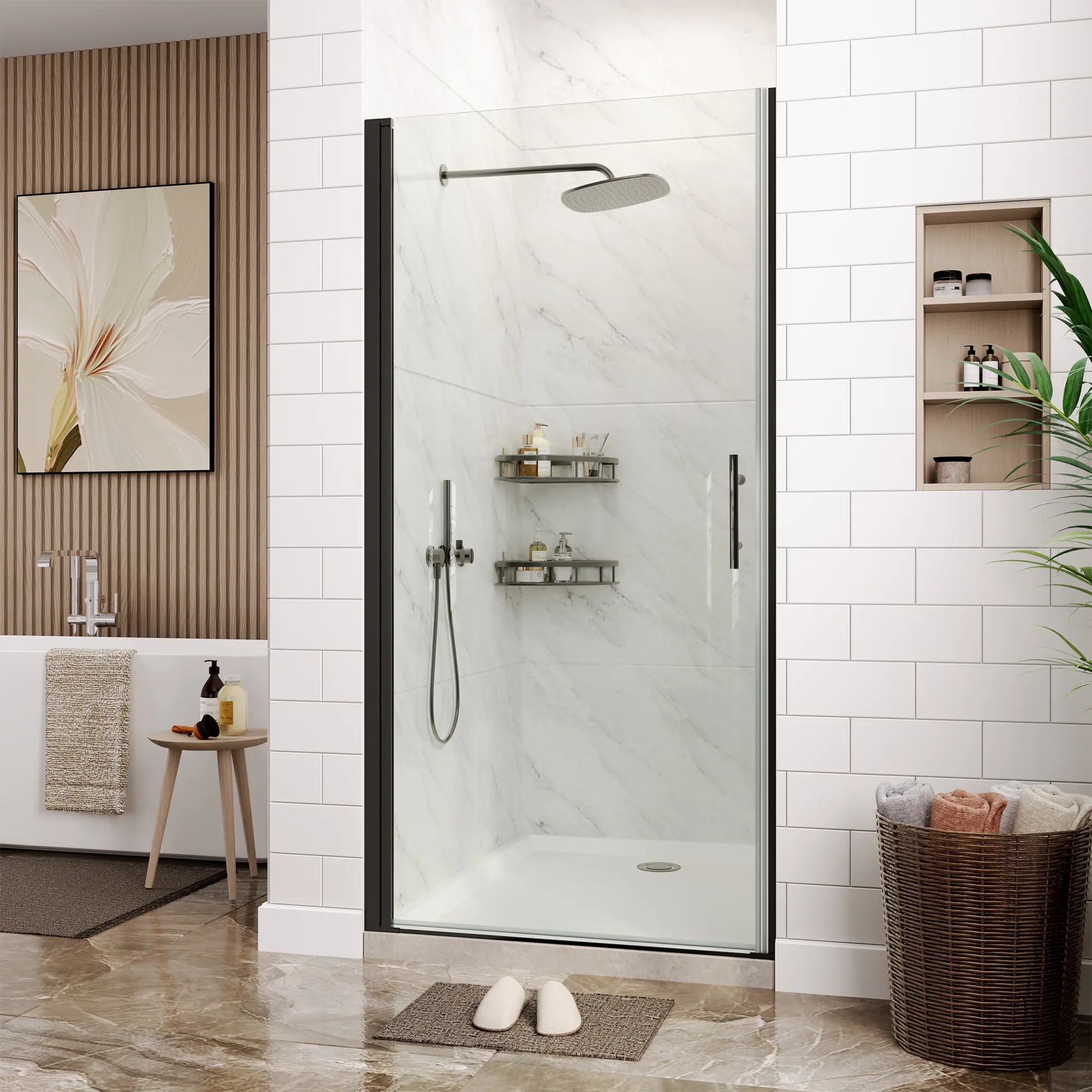Modern Pivot Shower Door – 72x34 Inch, 6mm Clear Tempered Glass, Matte Black/Brushed Nickel Aluminum Frame, Easy-Clean, Reversible Installation, Stainless Steel Handle, Contemporary Bathroom Upgrade