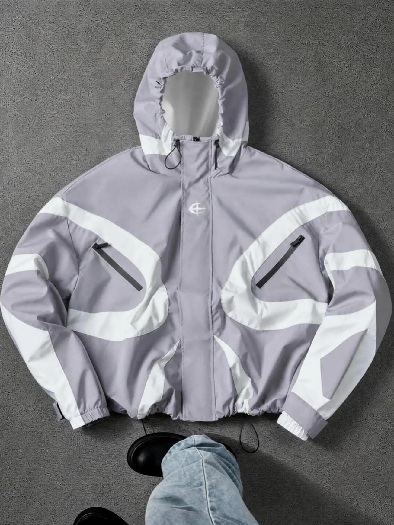 Y2K Techwear Jacket for Men & Women, Waterproof Windbreaker Coat, Oversized Hooded Streetwear Jacket with Contrast Color Block Design, Lightweight Utility Style Outdoor Shell Jacket for Travel Daily Wear