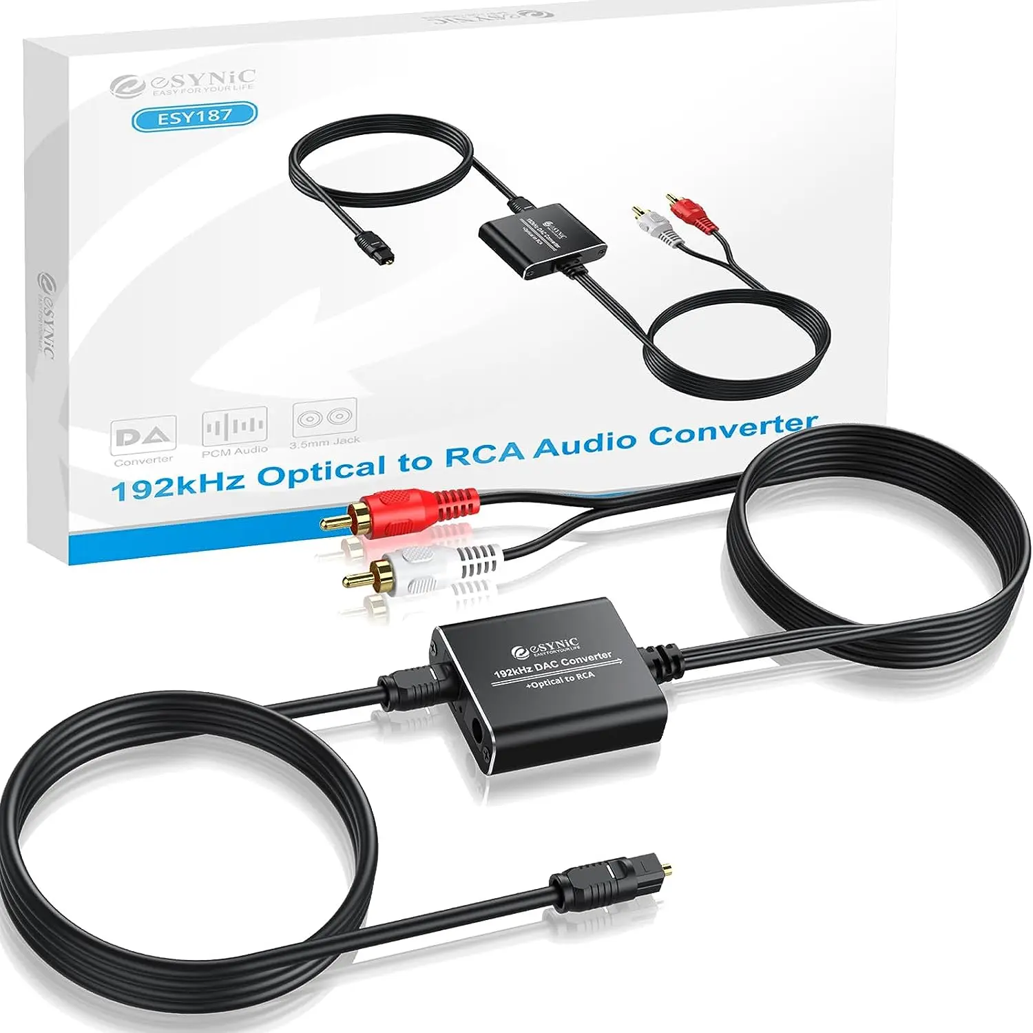 eSynic 192kHz Compact Digital-to-Analog Audio Converter, Plug-N-Play Aluminium Shell DAC with 2.1m Optical to RCA Cable, Optical to RCA Adapter for HDTV, Blu-ray, PS4 (Advanced Electronic Components)