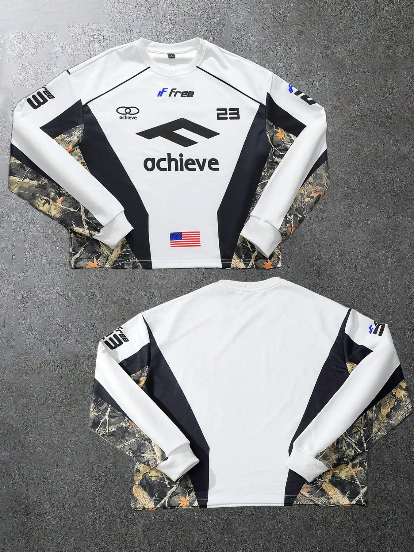 Vintage Y2K Motocross Long Sleeve Jersey Casual Sportswear - Camo Patchwork Biker Top | Achieve 23 Graphic with American Flag | Oversized Baggy Street Racing Shirt for Men's Skate & Streetwear Culture Active Tops