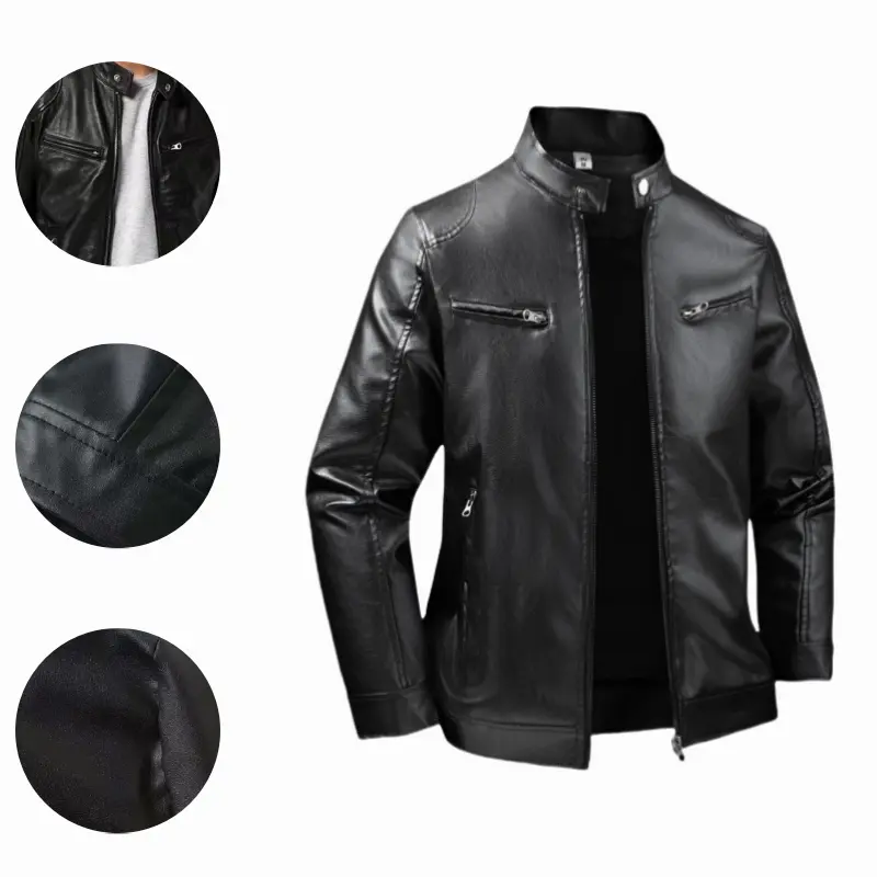 Men’s stand-collar motorcycle-style leather jacket, slim short fit for autumn, multiple zippered pockets, clean line cuts—versatile outerwear for everyday commuting and street wear.