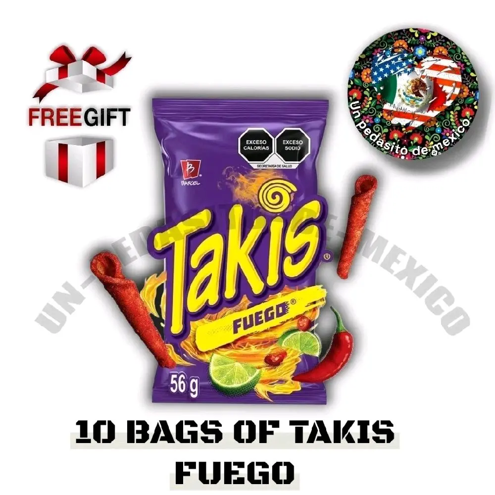 Takis Fuego 56g - 10 Bags of Spicy Mexican Snacks with Free Gift Included