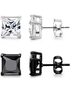 Black Silver Earrings for Men,Stainless Steel Cubic Zirconia Earrings 20G Mens Earrings Hypoallergenic CZ Earrings Studs Solitaire Earrings Trendy Square Earring Studs Set 4-8MM