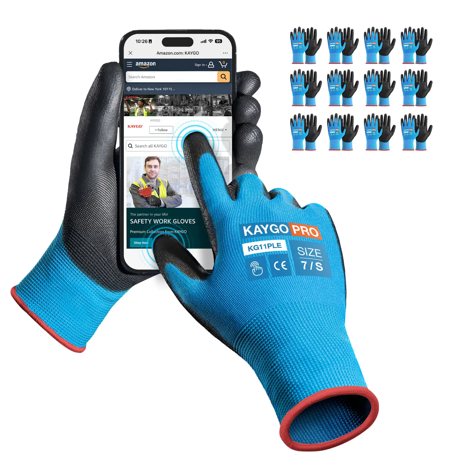KAYGO Work Gloves for Men & Women PU Coated 12 Pairs ,Black Seamless Knit Glove with Polyurethane，Finger Touchscreen, for Men and Women, Ideal for Light Duty Work