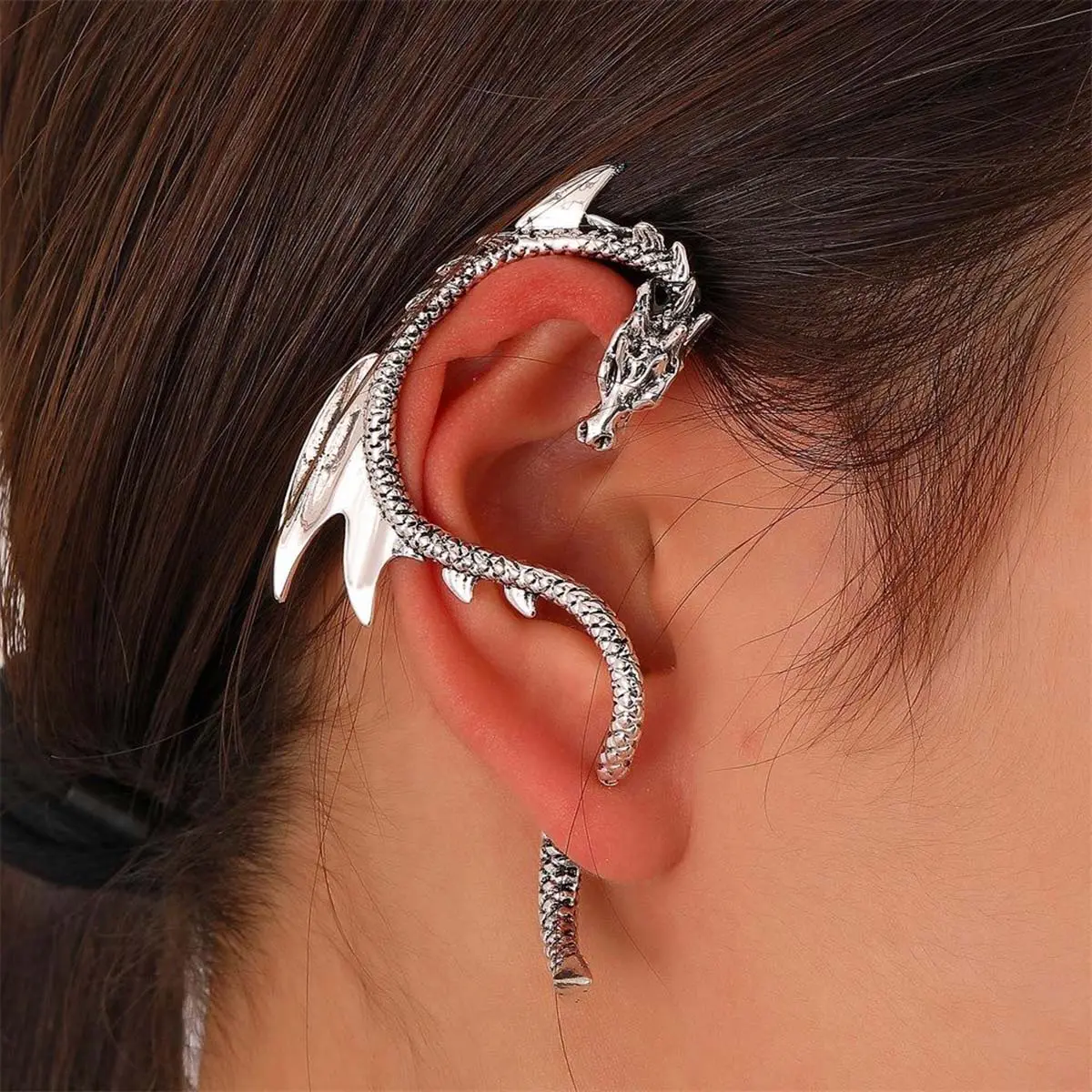 Gothic Dragon Single Earring with Red Artificial Gemstone Eye, Cool Edgy Statement Jewelry, Fashion Accessory Gift for Teenagers, Fashion Earring, Gothic Earrings