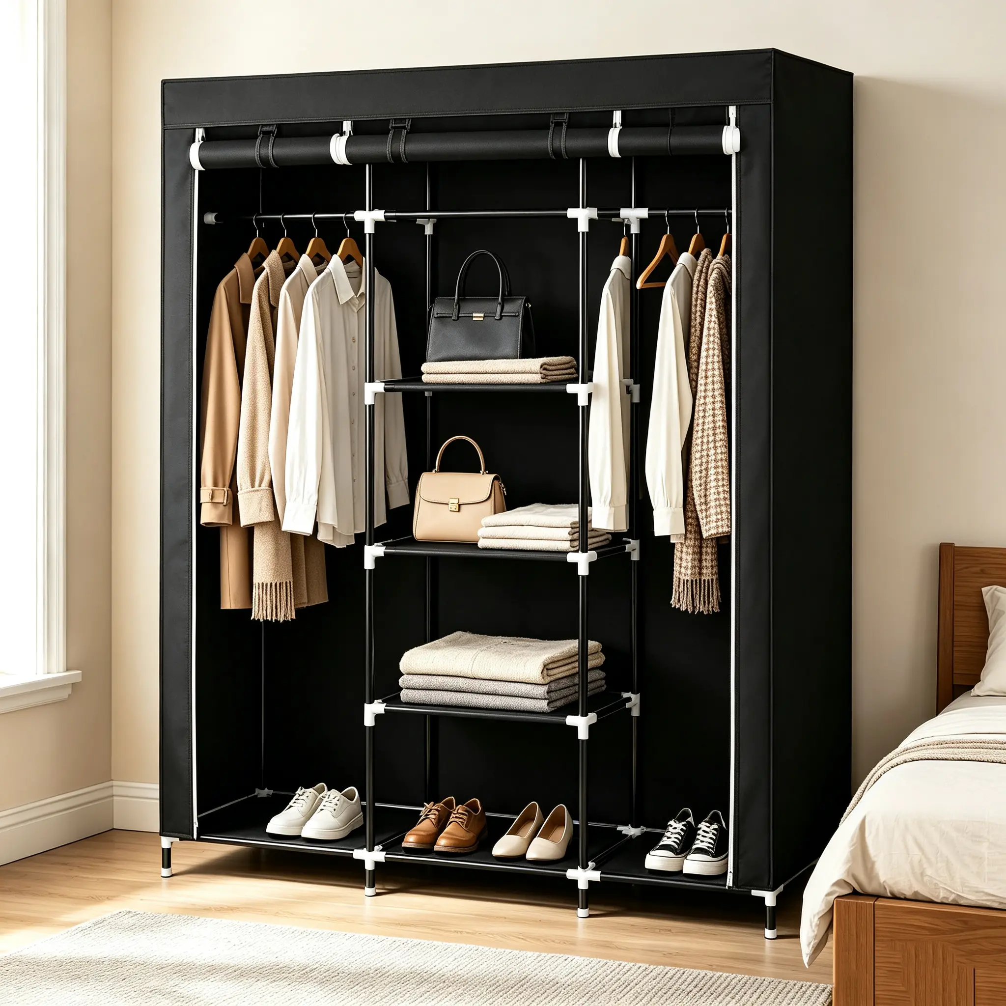 69" Portable Non-Woven Fabric Bedroom Wardrobe, Double-Rod Storage Organizer, Black Indoor Furniture Closet