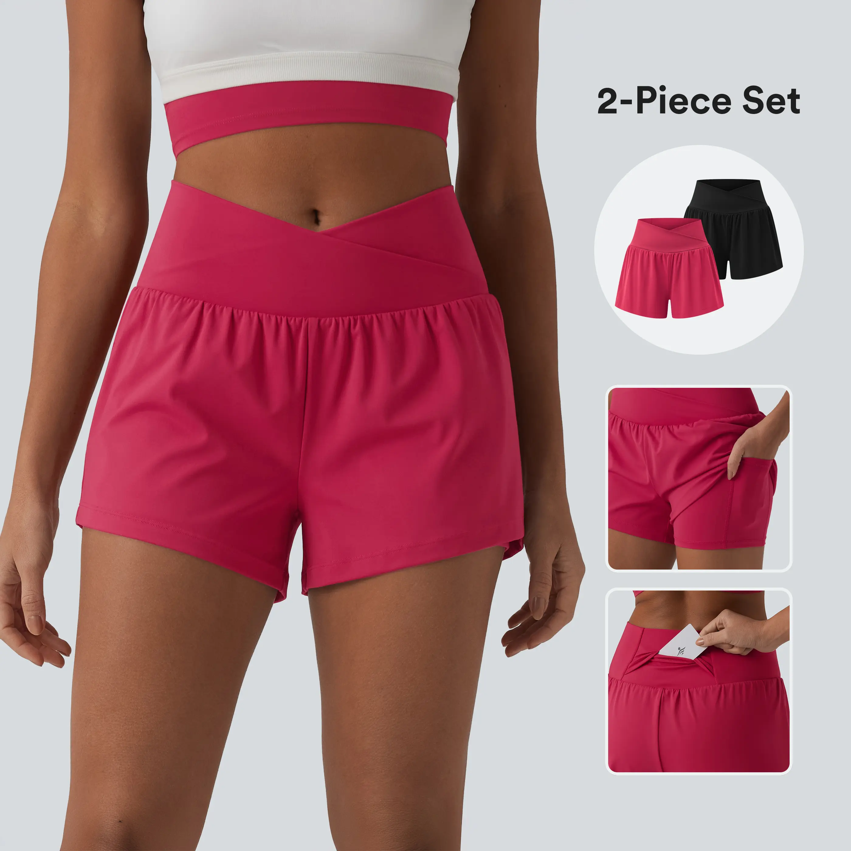 Halara 2-Piece SoftlyZero Airy Crossover High Waisted 2-in-1 InstantCool Yoga Shorts 3'' with Pockets Set
